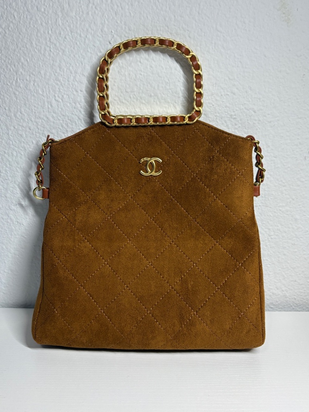 Brown Suede Quilted Top-Handle Satchel